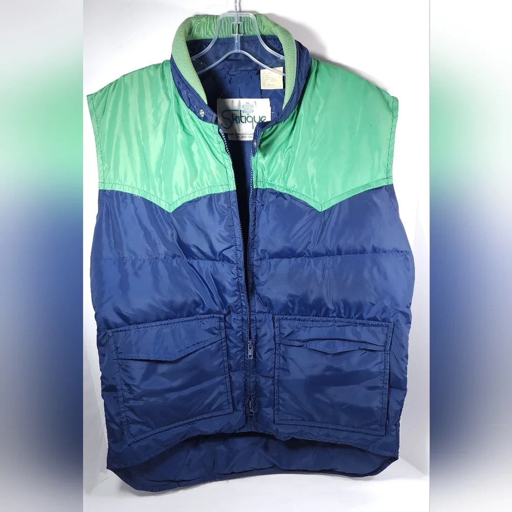 VINTAGE Skitique Unisex Vest Full Zip Vest Gray Duck Down Insulated Large Blue - Picture 1 of 12